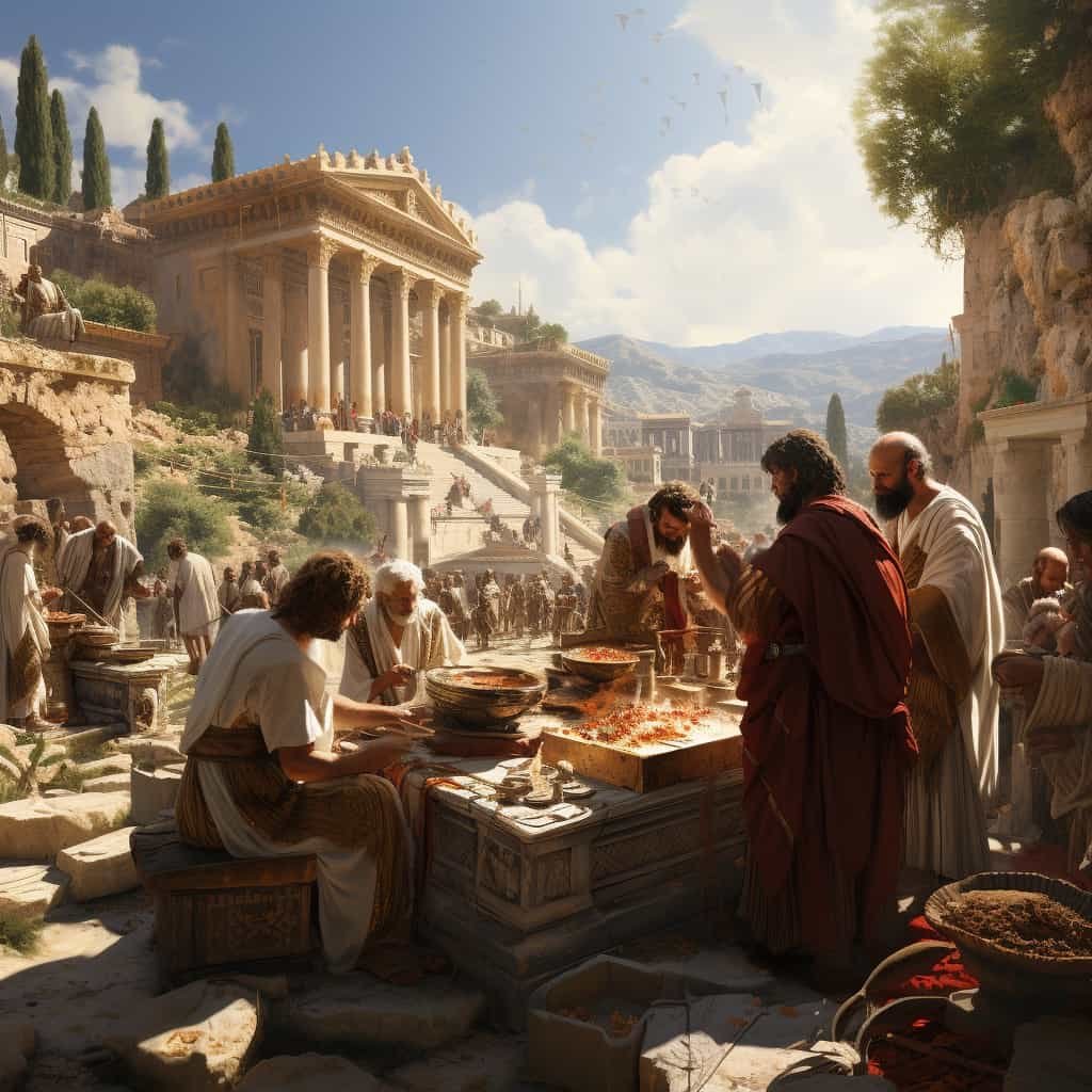 En un templo de la antigua Grecia hay un médico y sus asistentes.